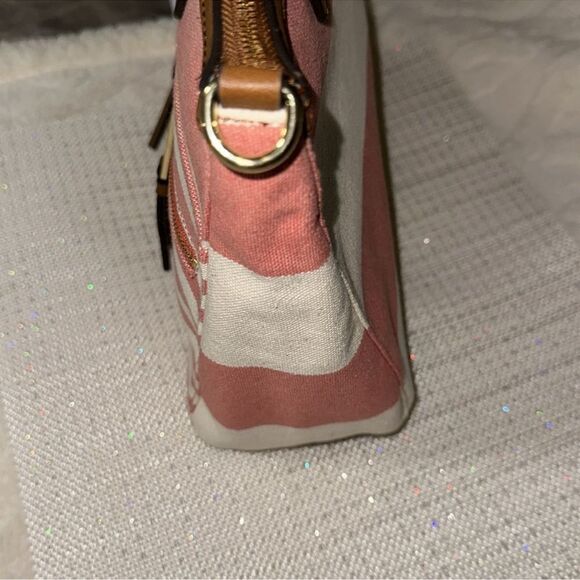 TH Ivory Coral Pink Brown Canvas Stripe Faux Leather Trim Medium Tote Handbag - Picture 3 of 15